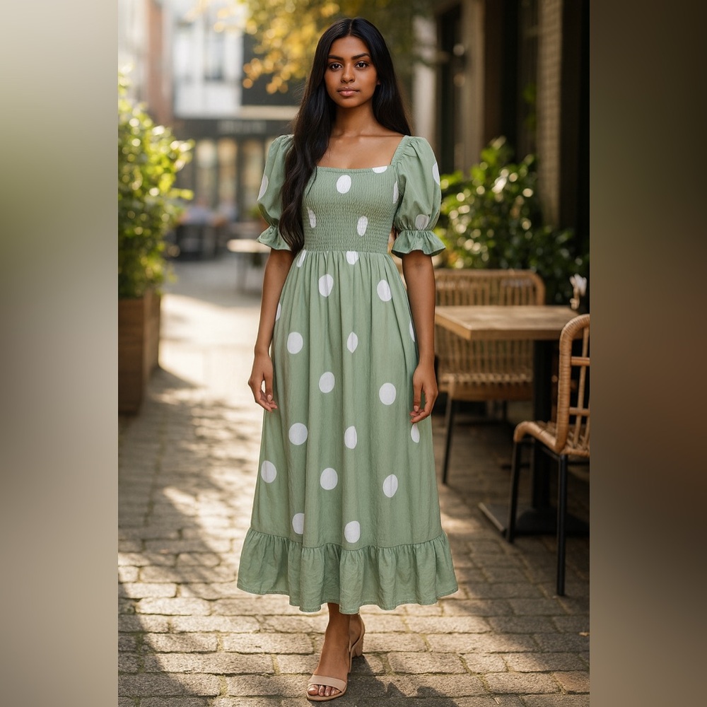 ✨ Sage Green Polka Dot Cottagecore Dress ✨